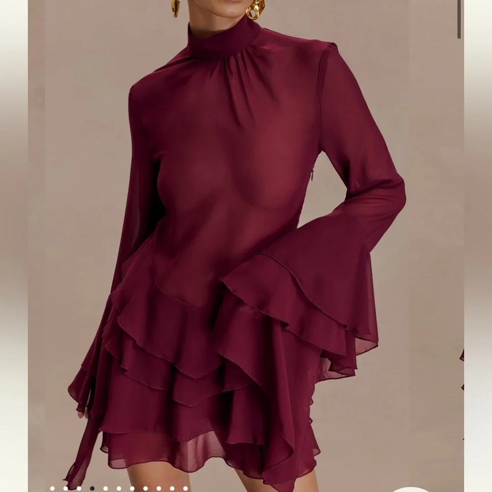 Meshki Burgundy Long Sleeve Ruffle Dress - Picture 3 of 5